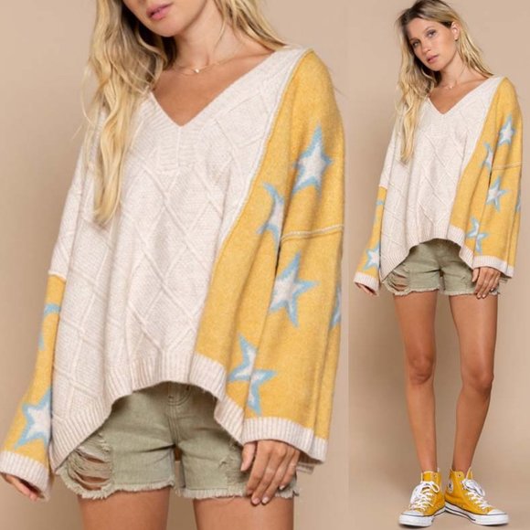 NEW POL Dandelion Blue Star Diamond Knit Color Block V Neck Oversized Sweater - Picture 11 of 11